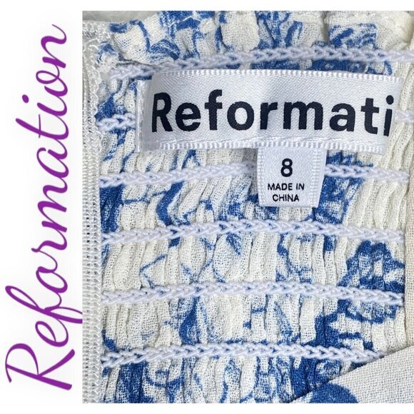 NWT REFORMATION Cammi Ruffle Smocked Mini Dress In Corsica Blue Floral Print, 8 - Picture 3 of 6